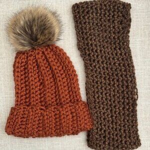 Handmade Burnt Orange Beanie with Faux Fur Pom & Brown Scarf Set